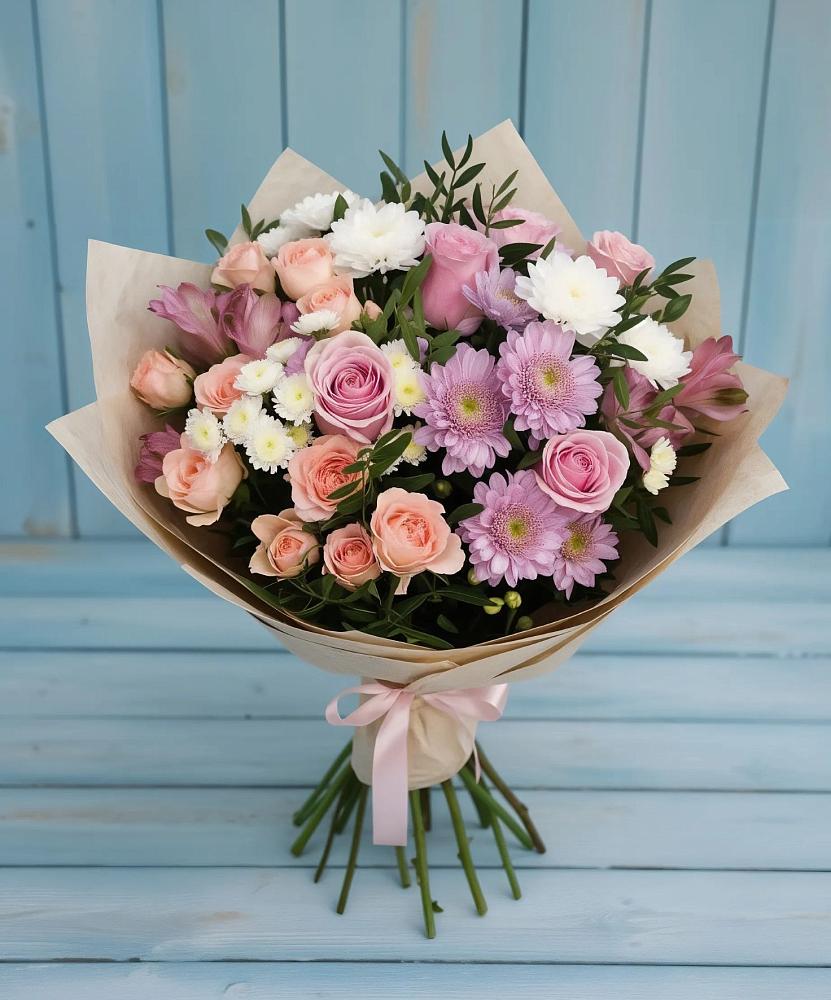 Букет цветов из: Хризантемы, Розы и Альстромерии в Нефтегорске Краснодарского края