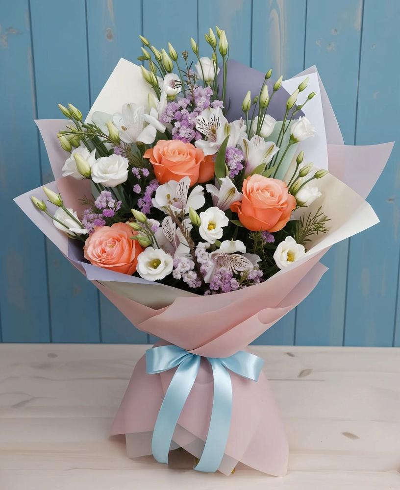 Букет цветов из: Лизиантусы, Розы, Альстромерии и Гипсофила в Нефтегорске Краснодарского края