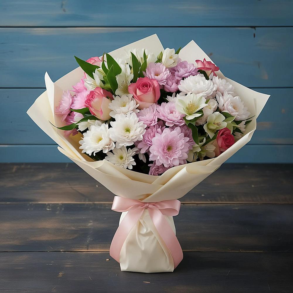 Букет цветов из: Хризантемы, Альстромерии и Розы в Нефтегорске Краснодарского края